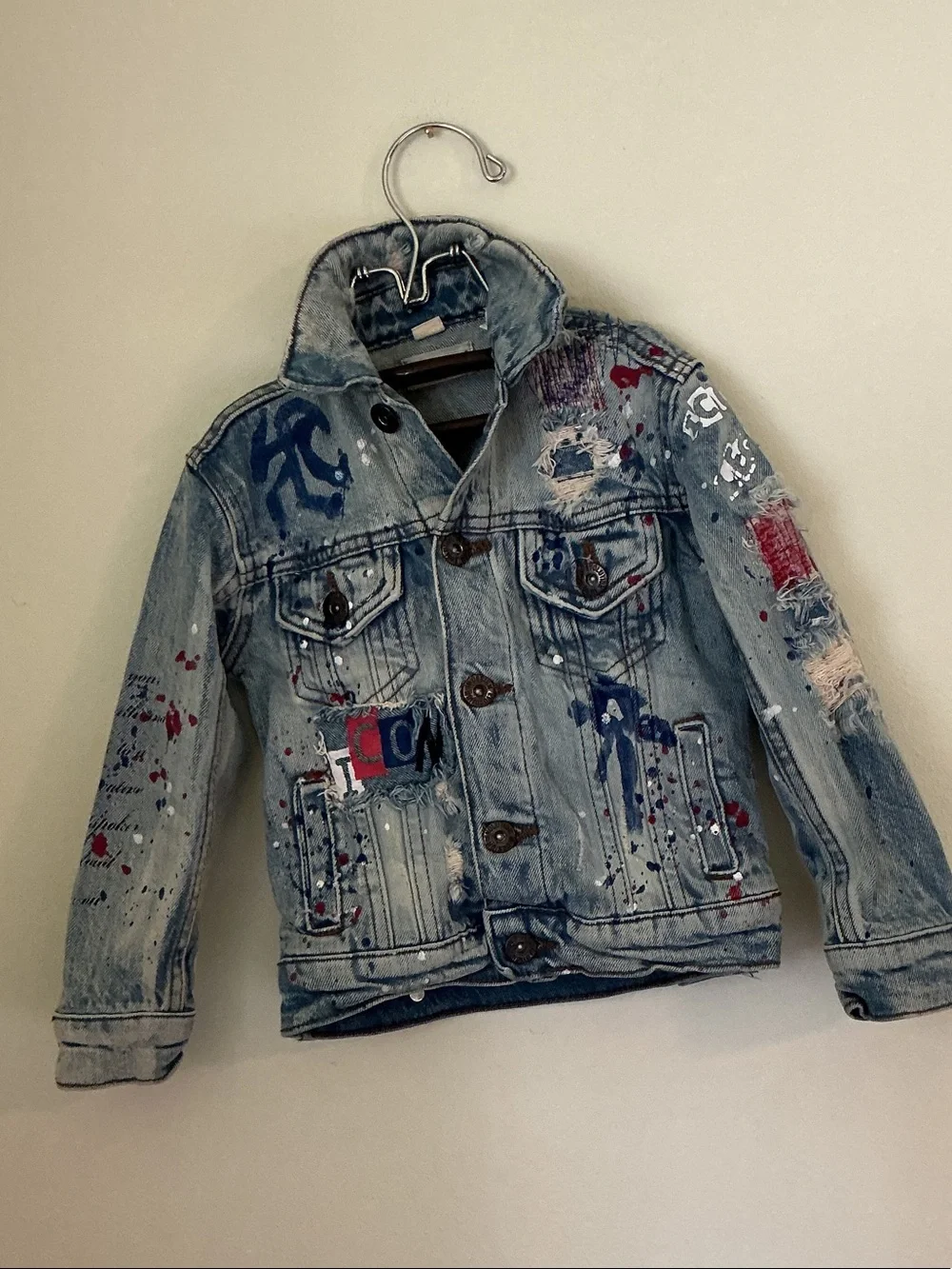 Kids Light Blue Distressed Denim Jacket with Painted Accents